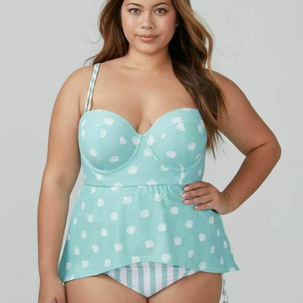 CACIQUE Tankini AND bottoms! Aqua Seashell Balconette. Striped/tasseled bottoms.